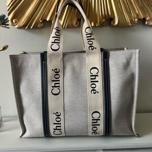 Chloé Woody Large  Tote Grey Canvas Logo Strap Authentic